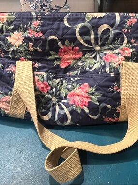 Maggi B 1970-1980’s Floral Quilted Navy Tote with Beige Straps